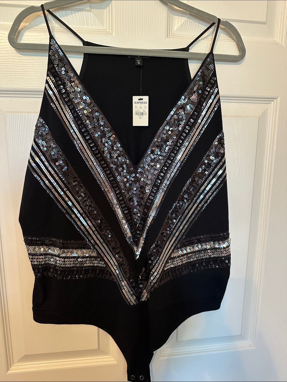 Express Black Sequin Chevron V-Neck Bodysuit